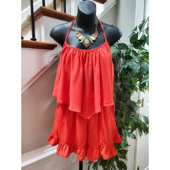 Boutique VAVA Women's Solid Red 100% Polyester Strappy Ruffle Romper Size Medium - Picture 11 of 11